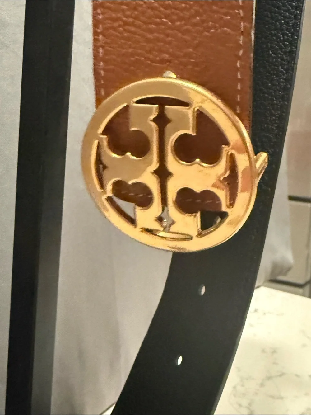 Tory Burch Brown Leather Belt with Gold Logo Buckle